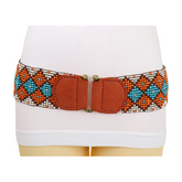 Women Orange Blue Beads Elastic Belt Gold Metal Buckle S M